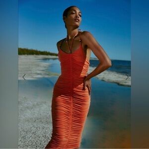 A.L.C. Ruched Orange Maxi Dress with Spaghetti Straps